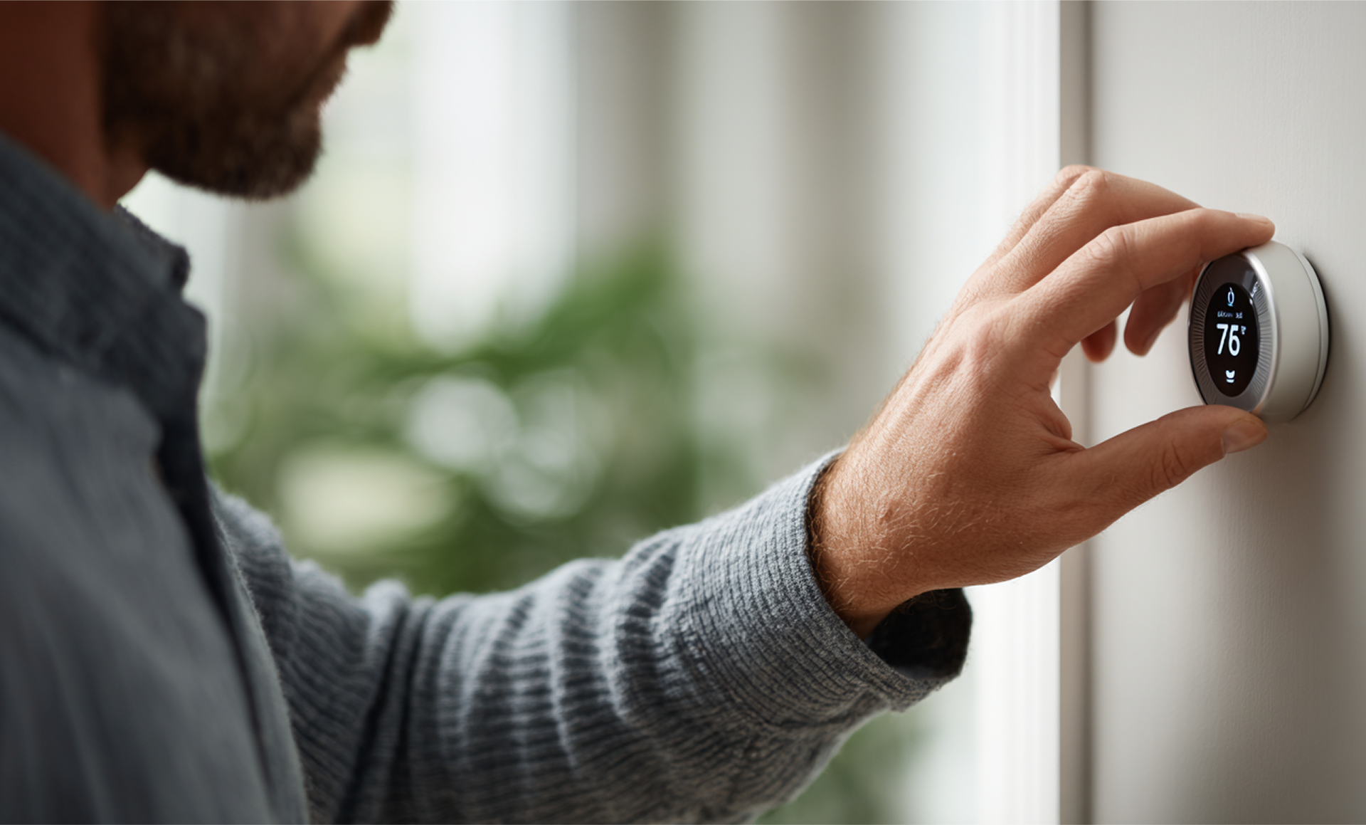 Person adjusts a round, silver thermostat on a light-colored wall, indoors.