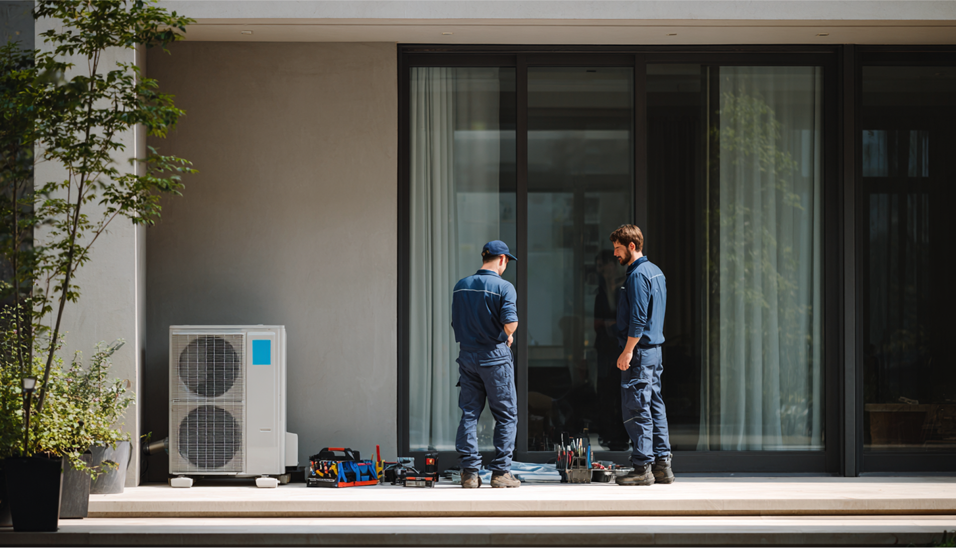 Two HVAC technicians in uniform examining an air conditioning unit on a home's patio.