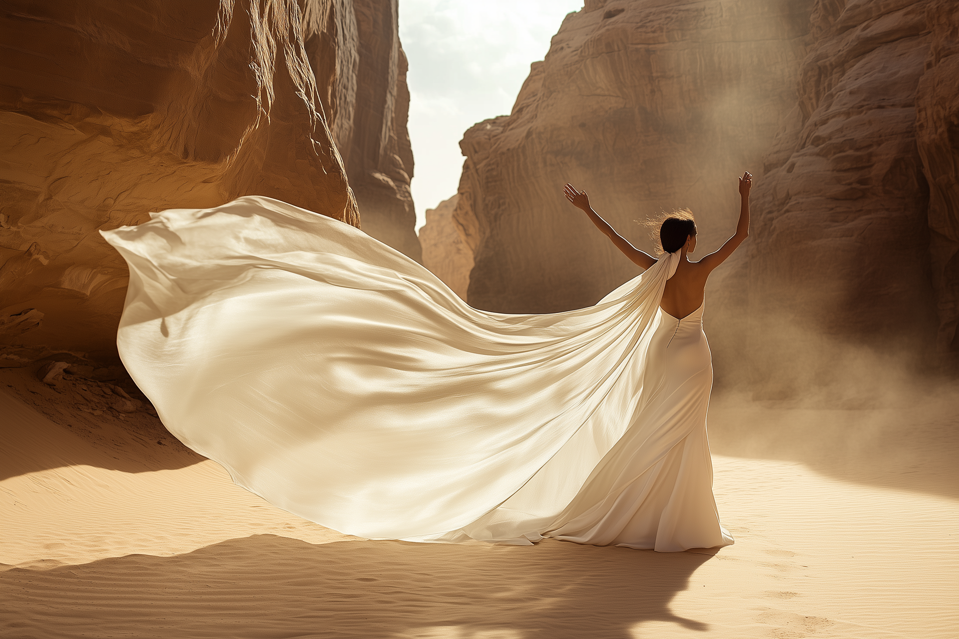 A woman in a long white dress is standing in the desert.