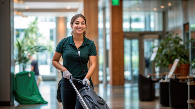 A woman is carrying a vacuum cleaner in a hallway.