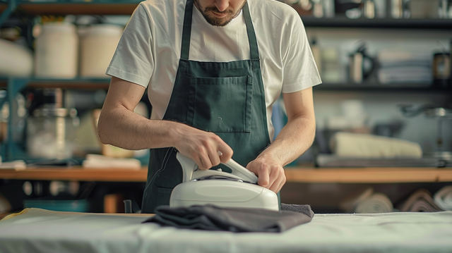 A man in an apron is ironing a piece of cloth on a table.