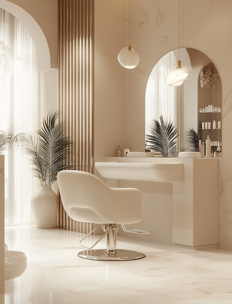 Elegant beige saloninterieur met gebogen spiegels, witte kappersstoel en zacht natuurlijk licht.