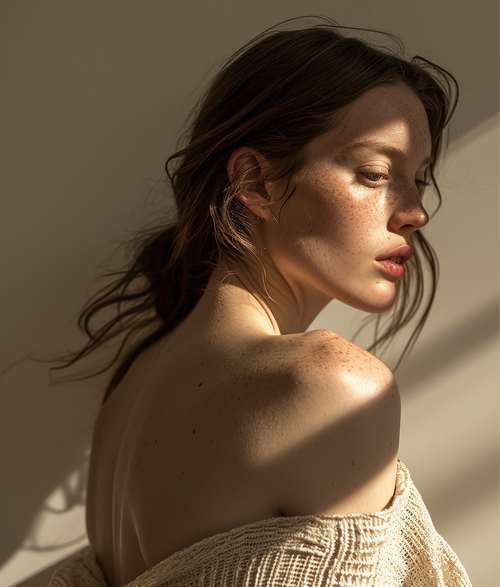 Vrouw in warm licht met blote schouder, ogen gesloten, tegen een neutrale muur.