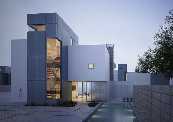 Modern, minimalist multi-story house with gray metallic panels, large windows, white walls, and a pool in the foreground.