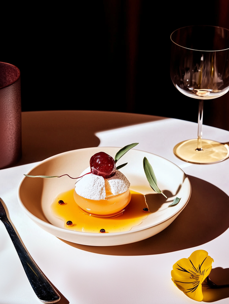 A plate of food with a cherry on top is on a table next to a glass of wine.