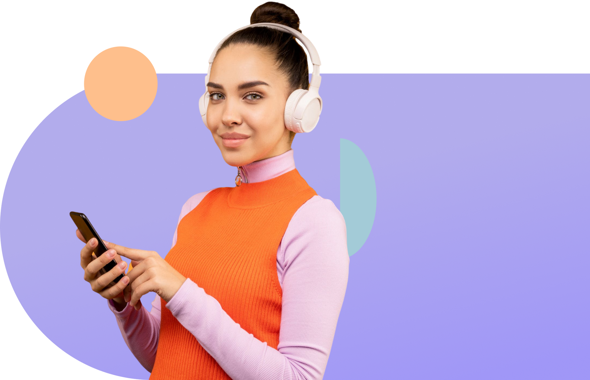 Woman in headphones using phone, orange vest over striped top, purple background.
