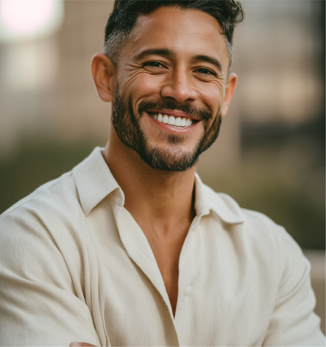 Man with dark hair and beard smiles broadly, wearing a light-colored button-down shirt.
