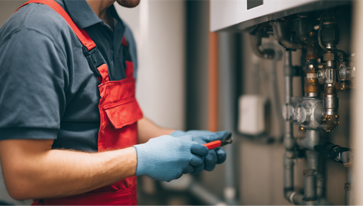 A person in red overalls and blue gloves, using pliers on plumbing near a boiler.