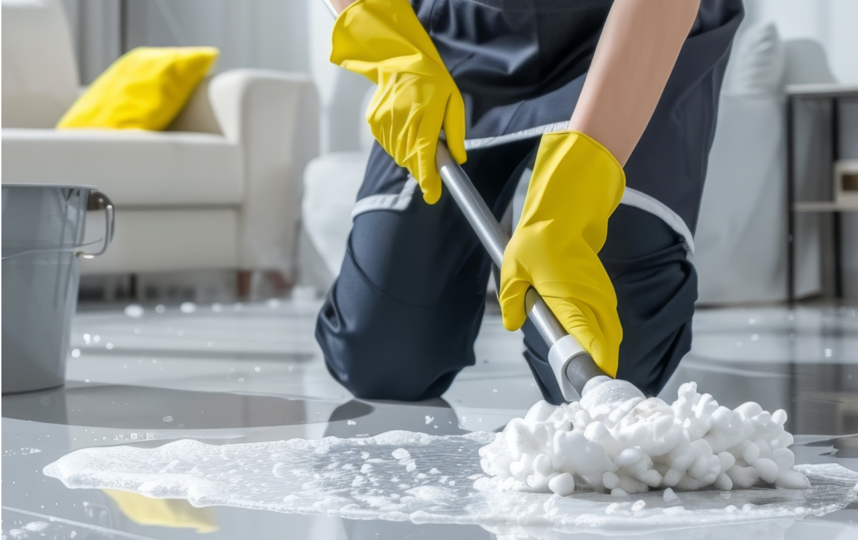 Person mopping a shiny, white floor with soapy water while wearing yellow gloves.