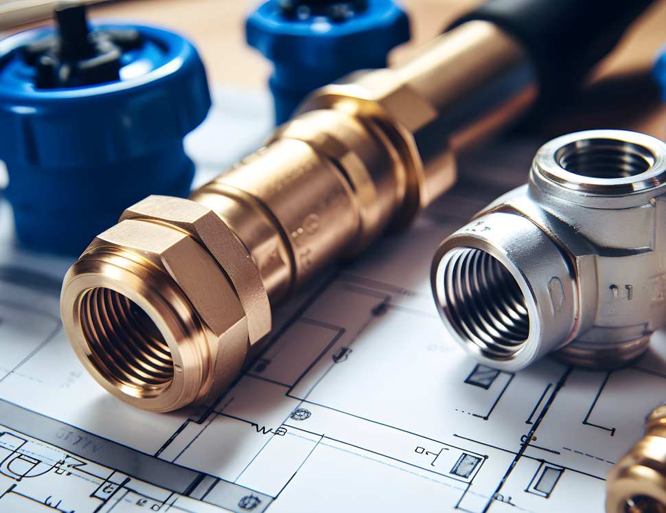 Plumbing tools: brass connector, blue and silver fittings on a blueprint.