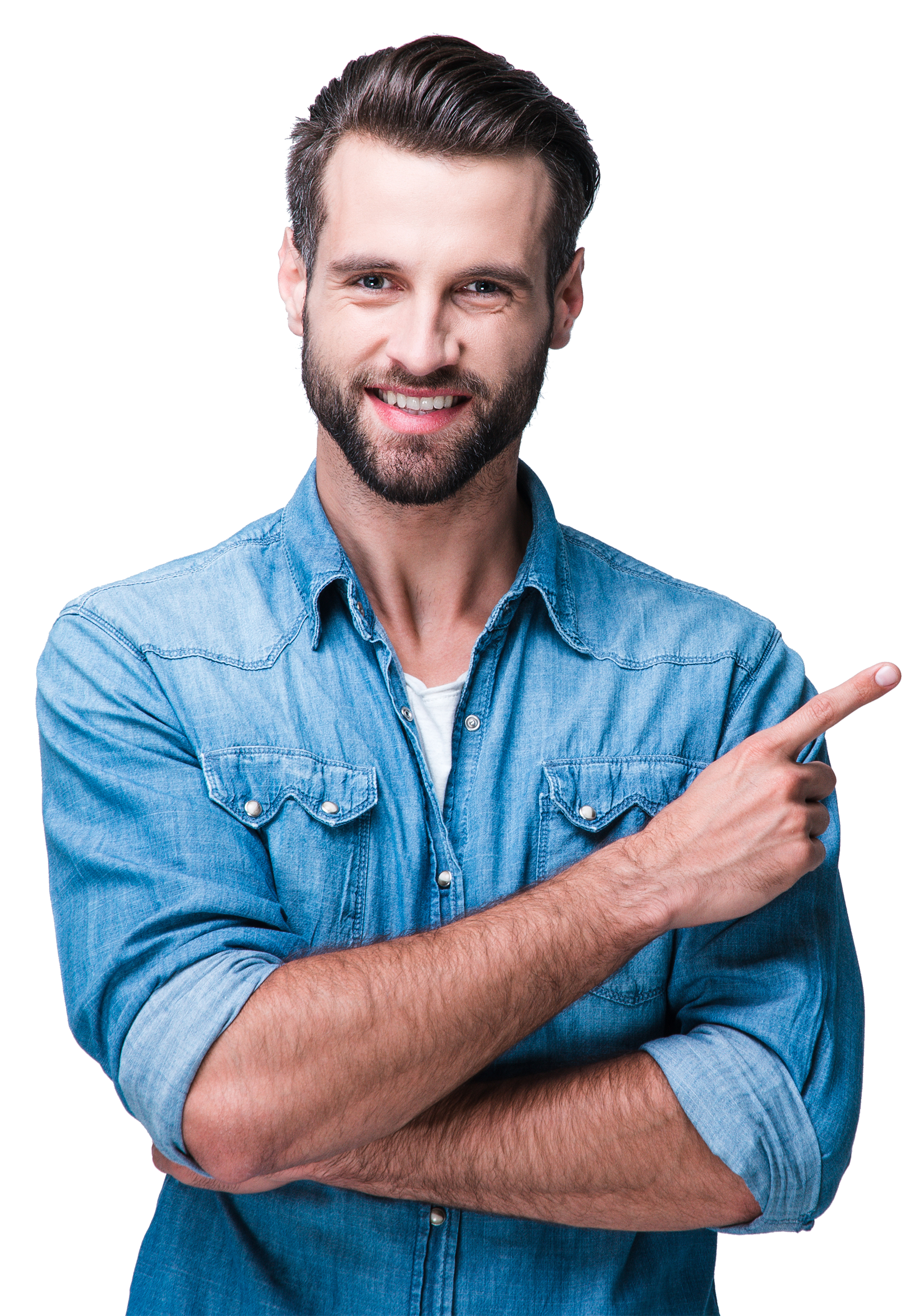 a man in a denim shirt is pointing to the side .