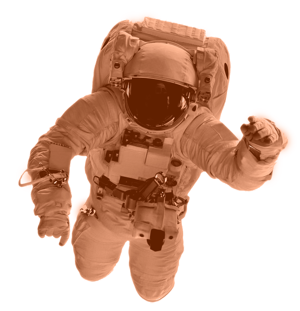 A man in a space suit is flying through the air