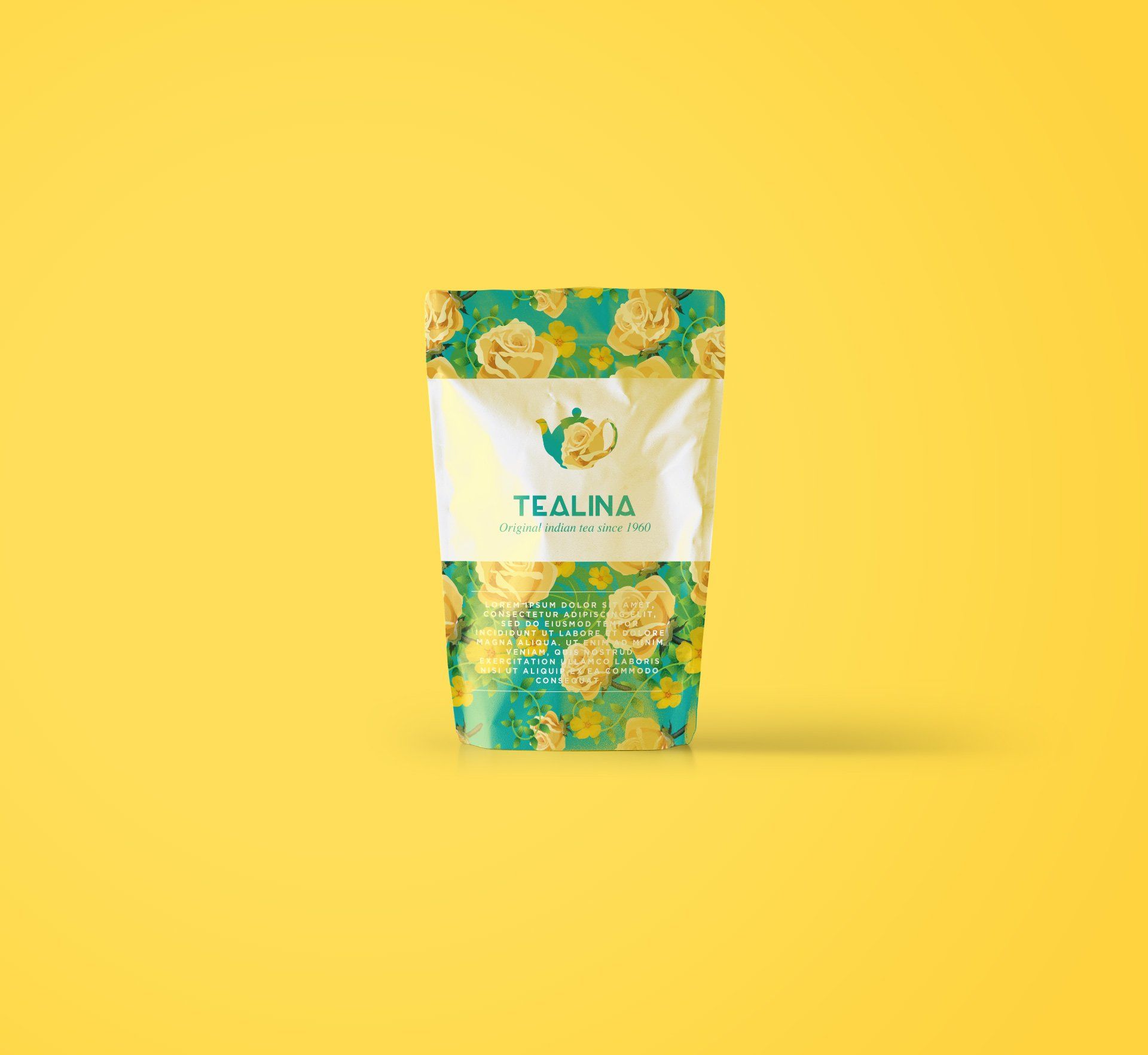 a bag of tea with a teapot on it is on a yellow background .
