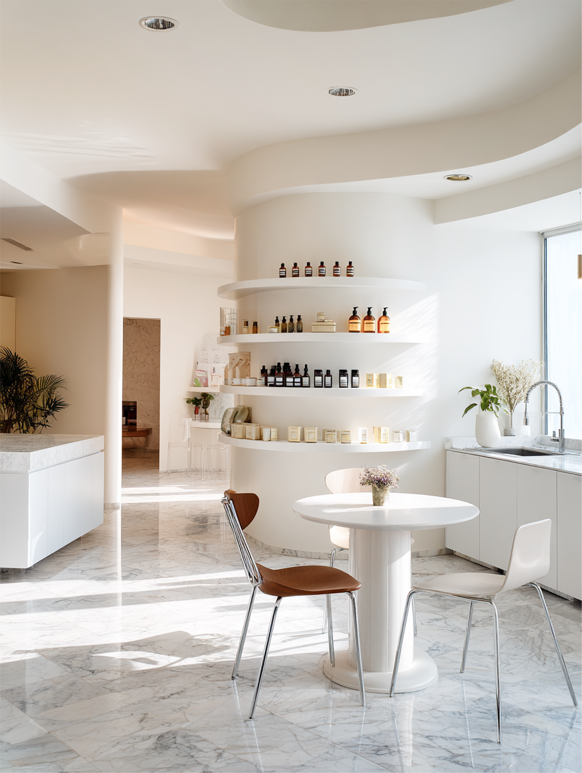 Bright, modern spa interior with white walls, marble floors, curved shelves displaying products, table, and chairs.