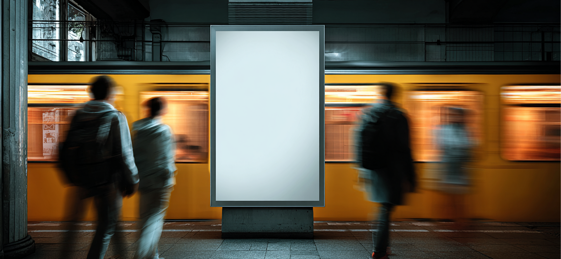 Billboard in subway station with blurred figures and a yellow train passing by.