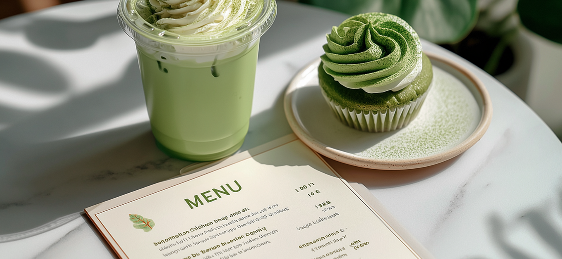 Matcha latte and cupcake on a table with a menu. Green food and drinks.