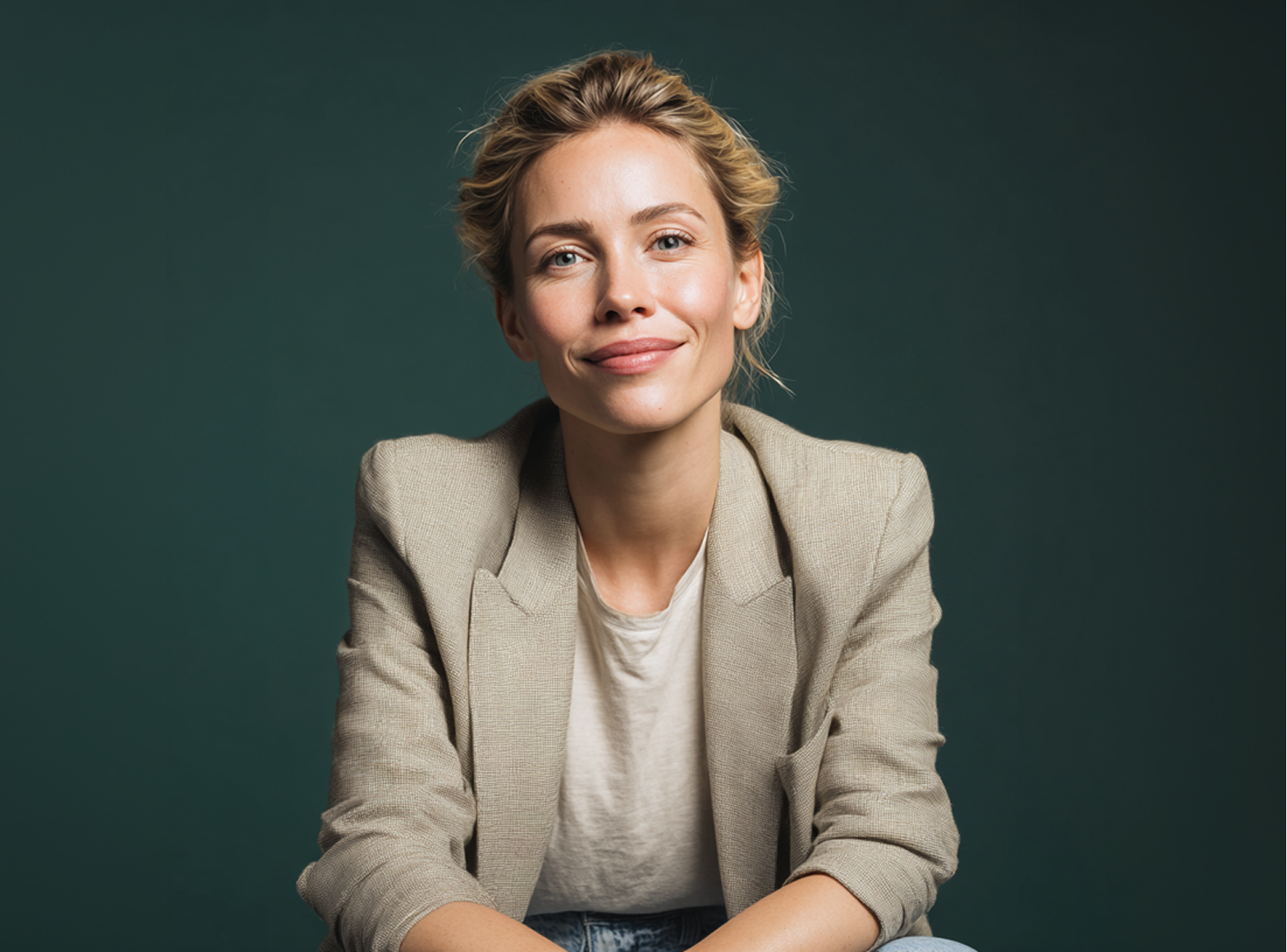 Woman in blazer smiles, seated against a teal backdrop.