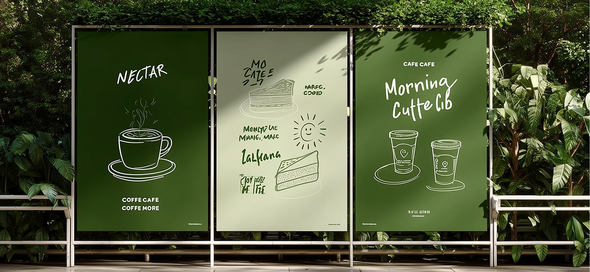 Three green posters with coffee and food illustrations, set in front of foliage.