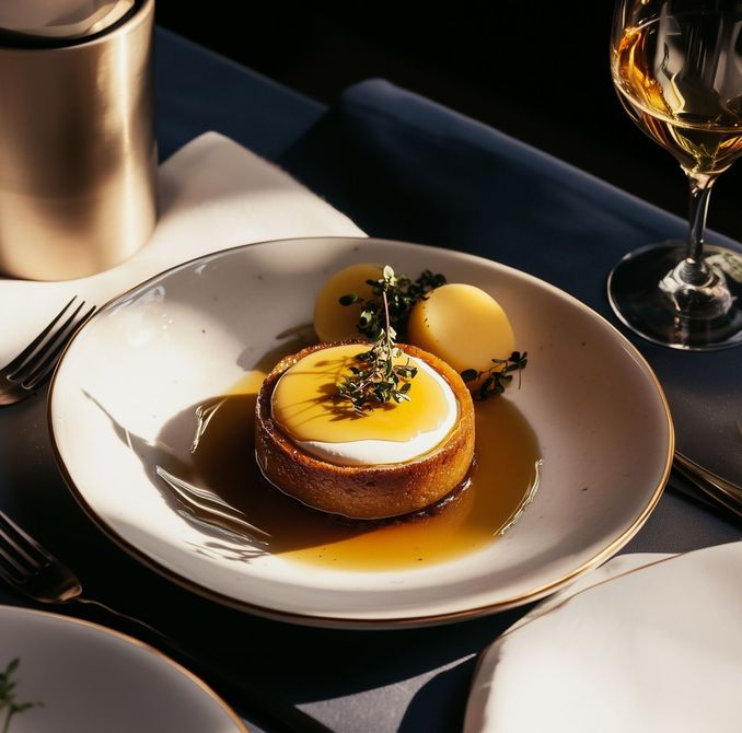Postre emplatado con salsa de caramelo y helado sobre una mesa blanca, iluminado por una cálida luz solar.