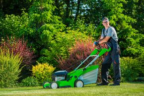 Gardener pushing a lawn mower through a lush green garden