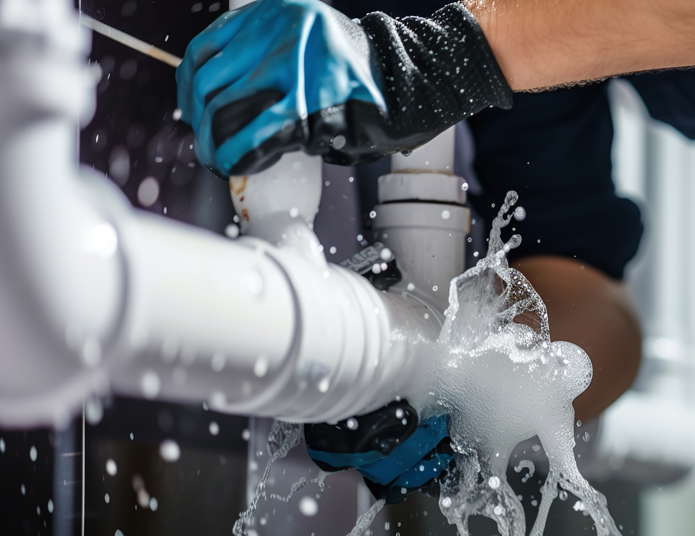 Plumber in blue and black gloves fixing a burst white pipe, water spraying.