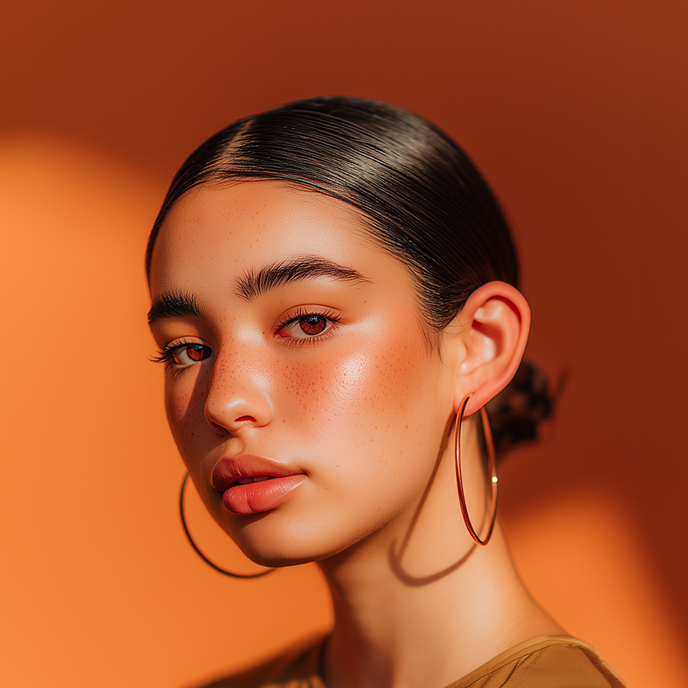Woman with slicked-back dark hair, wearing gold hoop earrings, and orange blush on orange background.