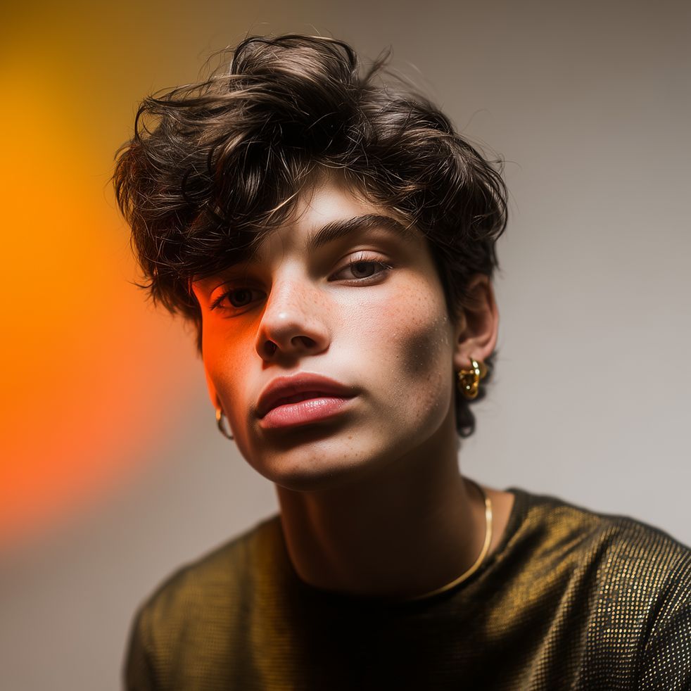 Young person with dark, wavy hair, hoop earrings, and a gold top with orange and gray lighting.
