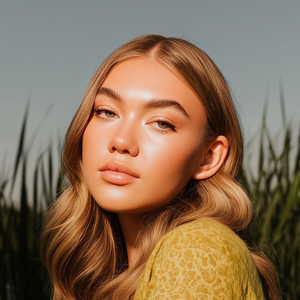 Woman with wavy blonde hair, looking towards the camera, natural makeup, wearing a yellow top, outdoors with green plants.