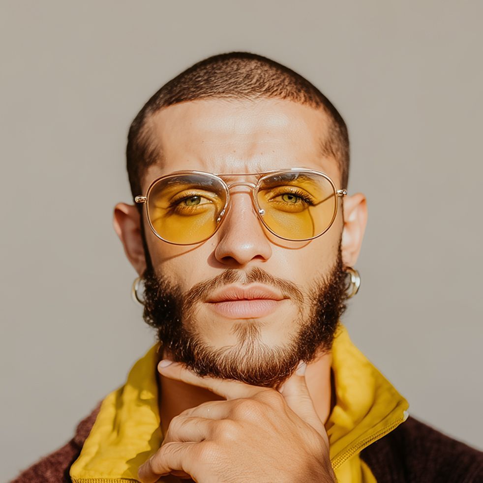 Man with yellow-tinted glasses and short hair, holding chin, wearing a yellow-collared jacket.