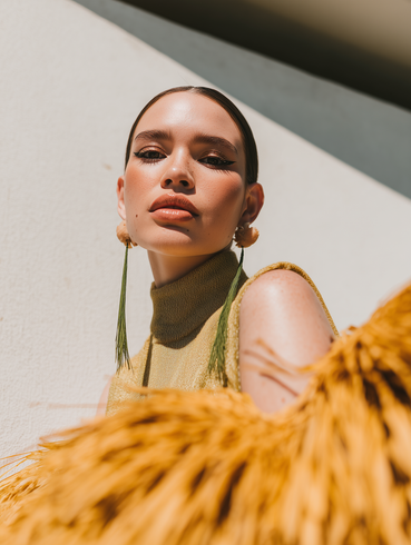 A person with freckles wears a textured mustard top and long, dangling green earrings against a minimalist white wall.