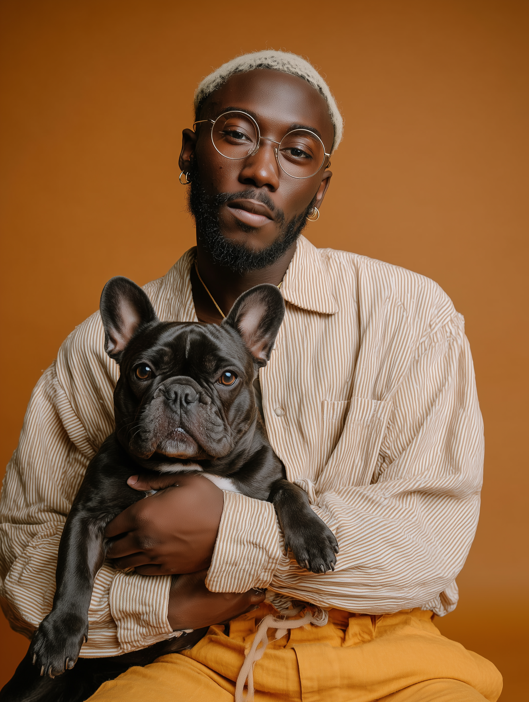 Man with blonde hair, glasses, holding a black French bulldog against a brown backdrop.