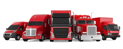 Cinco camiones de reparto rojos de diferentes tamaños.