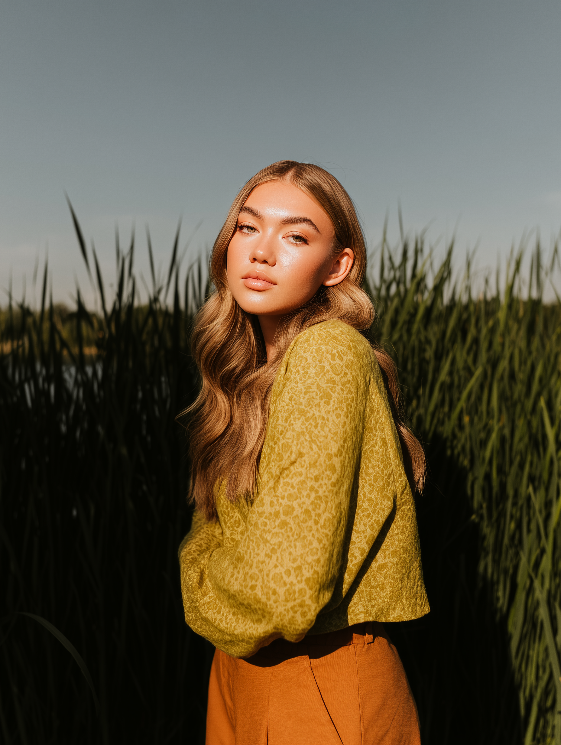 Woman with wavy blonde hair wears a yellow sweater and orange pants, standing in tall grass in sunlight.