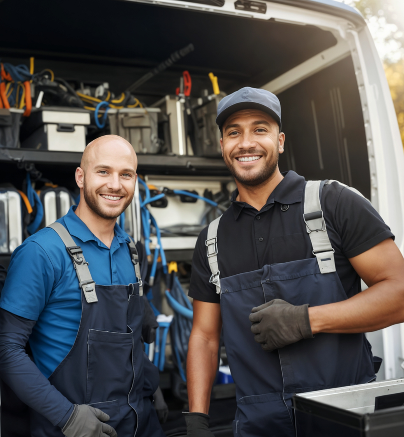 Two smiling repairmen in work uniforms stand near the open back of a service van filled with tools.