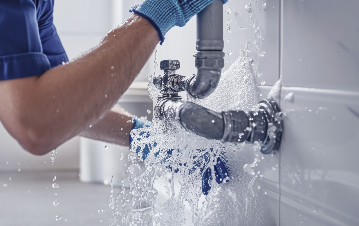 A plumber is fixing a leak in a bathroom sink.