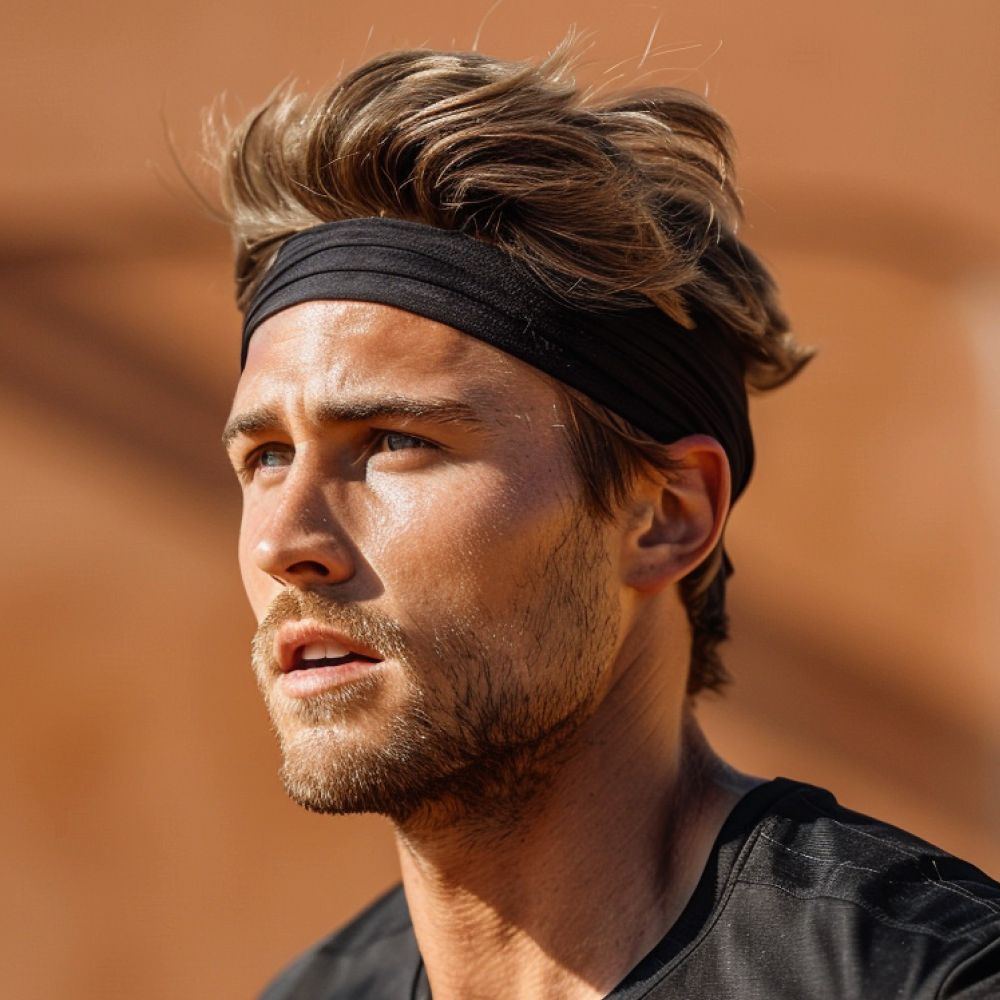 A close up of a man wearing a headband