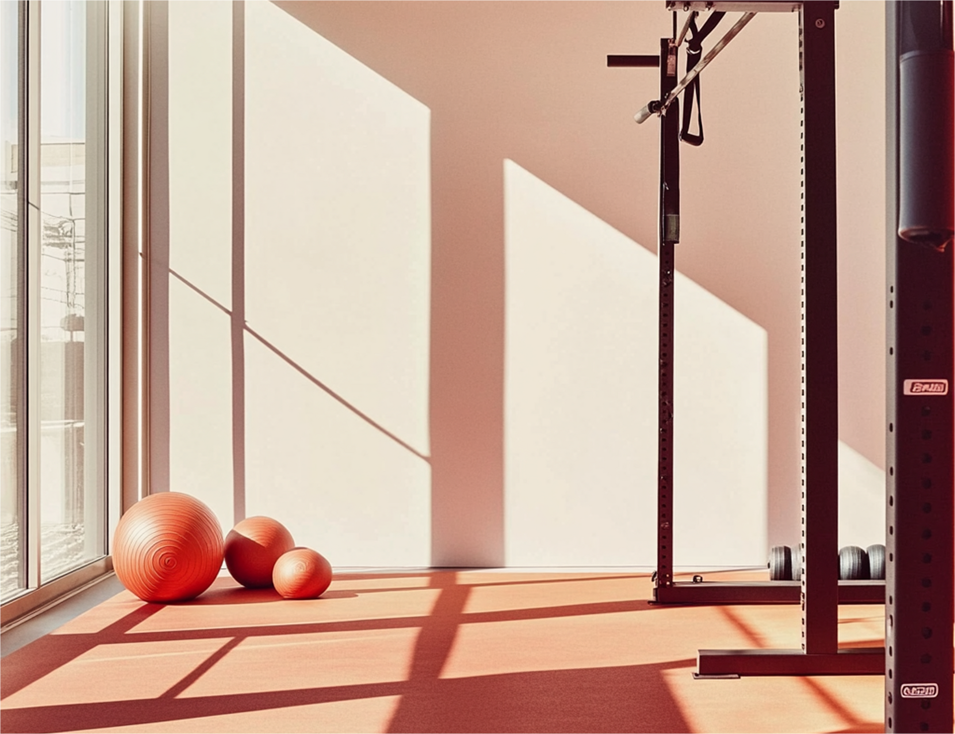 Gym interior with red floor, wall with shadows, fitness balls, and weight rack.