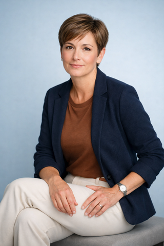 Woman seated against a light blue background, wearing a navy blazer, brown top, and light pants.