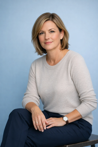 Portrait of a seated person in a light sweater and dark pants against a blue background