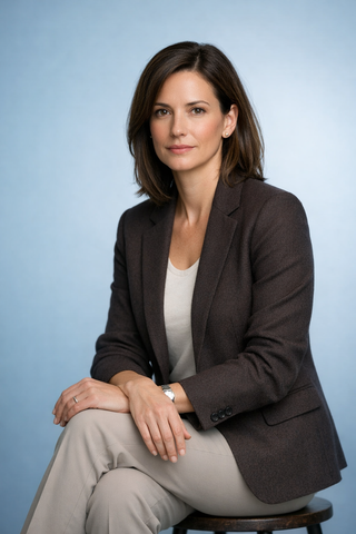 Studio portrait of a seated professional in a dark blazer and light trousers against a blue background