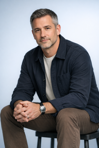 Man seated on a stool in a dark jacket and brown pants, posing against a light studio backdrop.