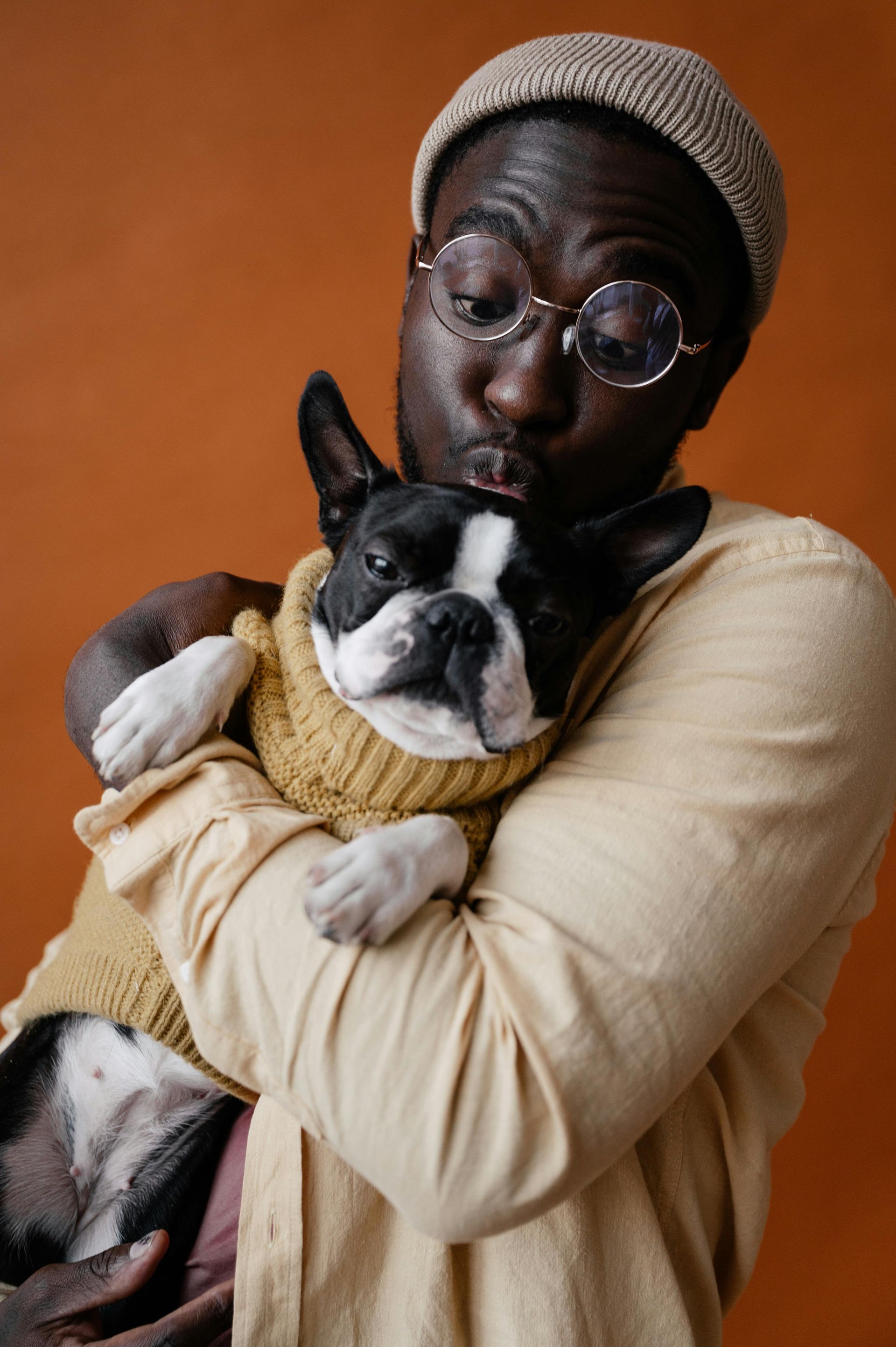Man holding a Boston Terrier, both wearing sweaters, kissing the dog. Brown background.