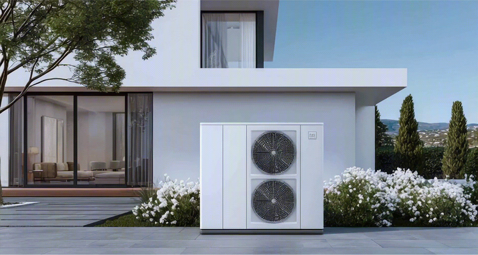 Extérieur d'une maison blanche moderne avec un grand climatiseur au premier plan et un aménagement paysager verdoyant.