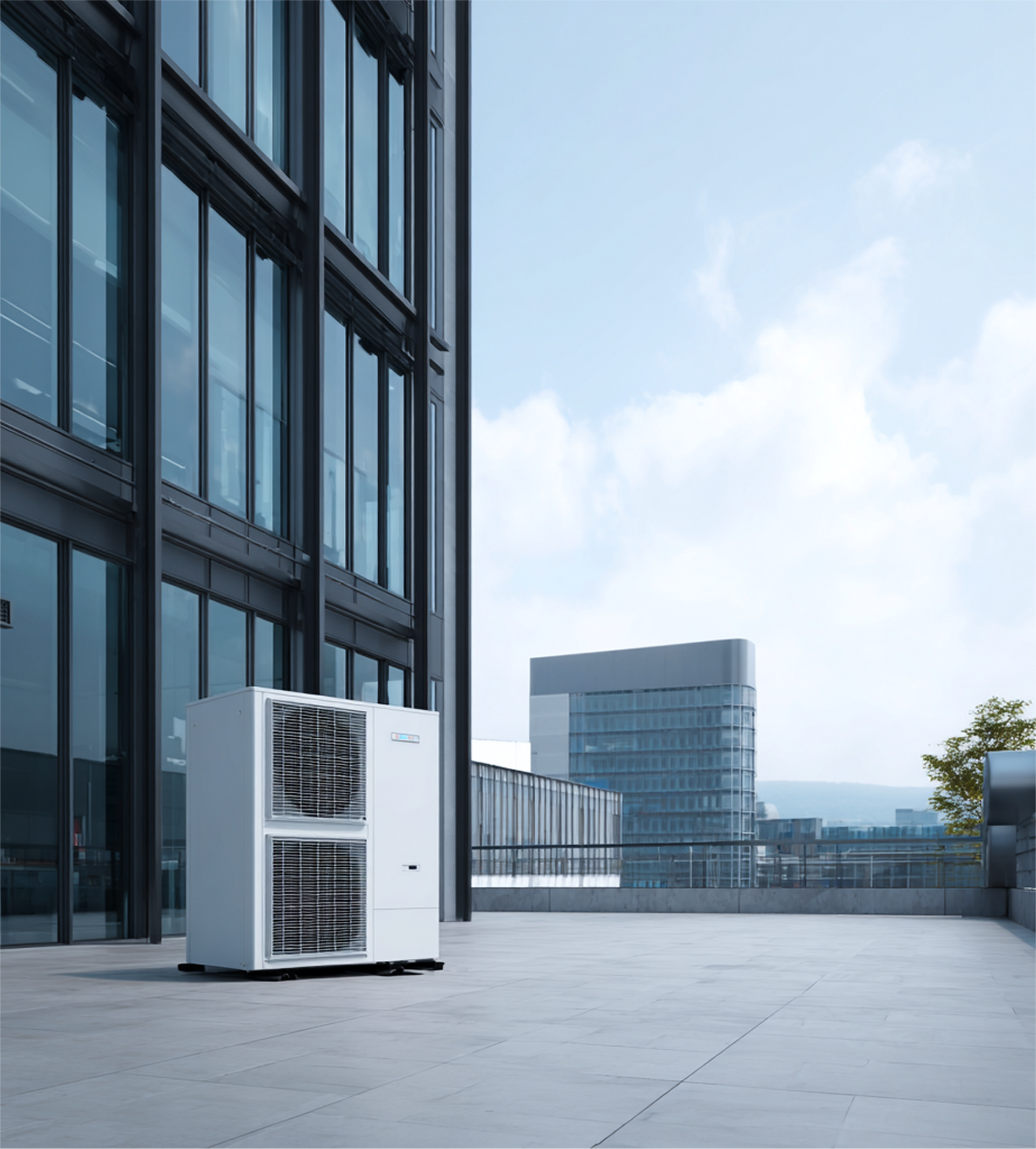 Unité de climatisation extérieure à côté d'un immeuble de bureaux moderne en verre, sur une terrasse sur le toit.