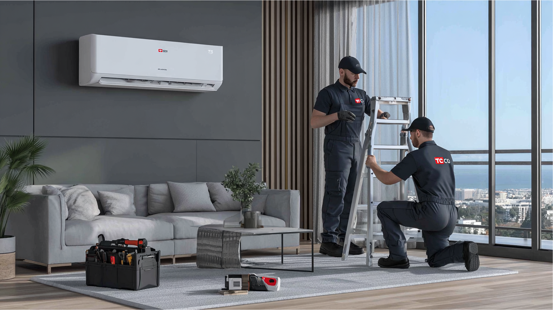 Deux techniciens installent un climatiseur dans un salon moderne avec vue sur la ville.