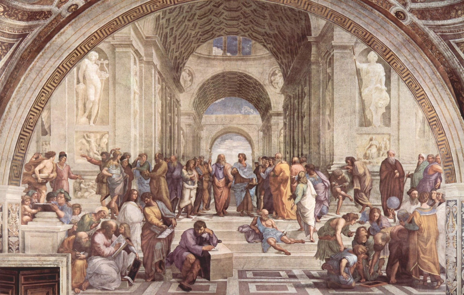 A large painting of a group of people in a building