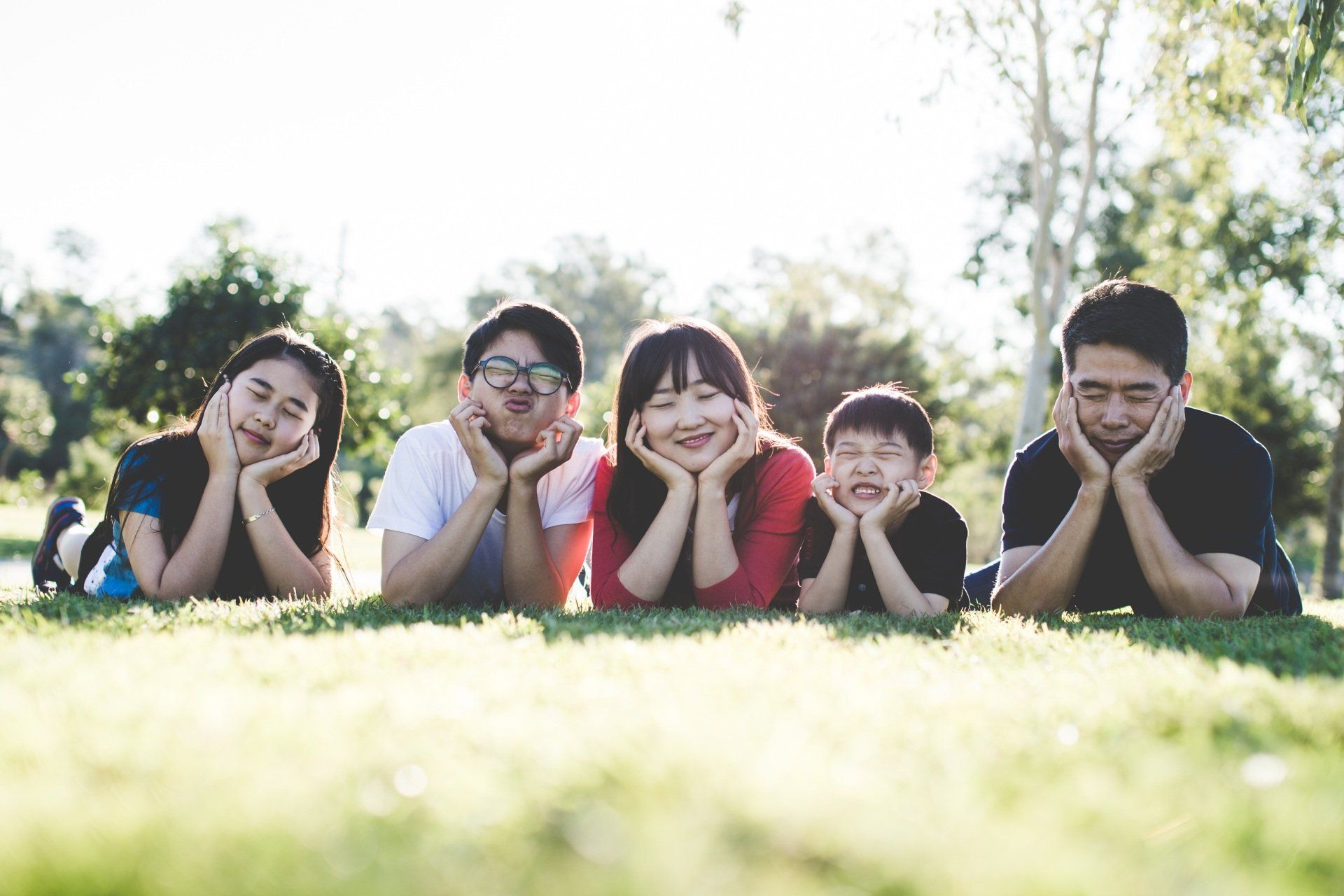 a group of people are laying on the grass in a park .