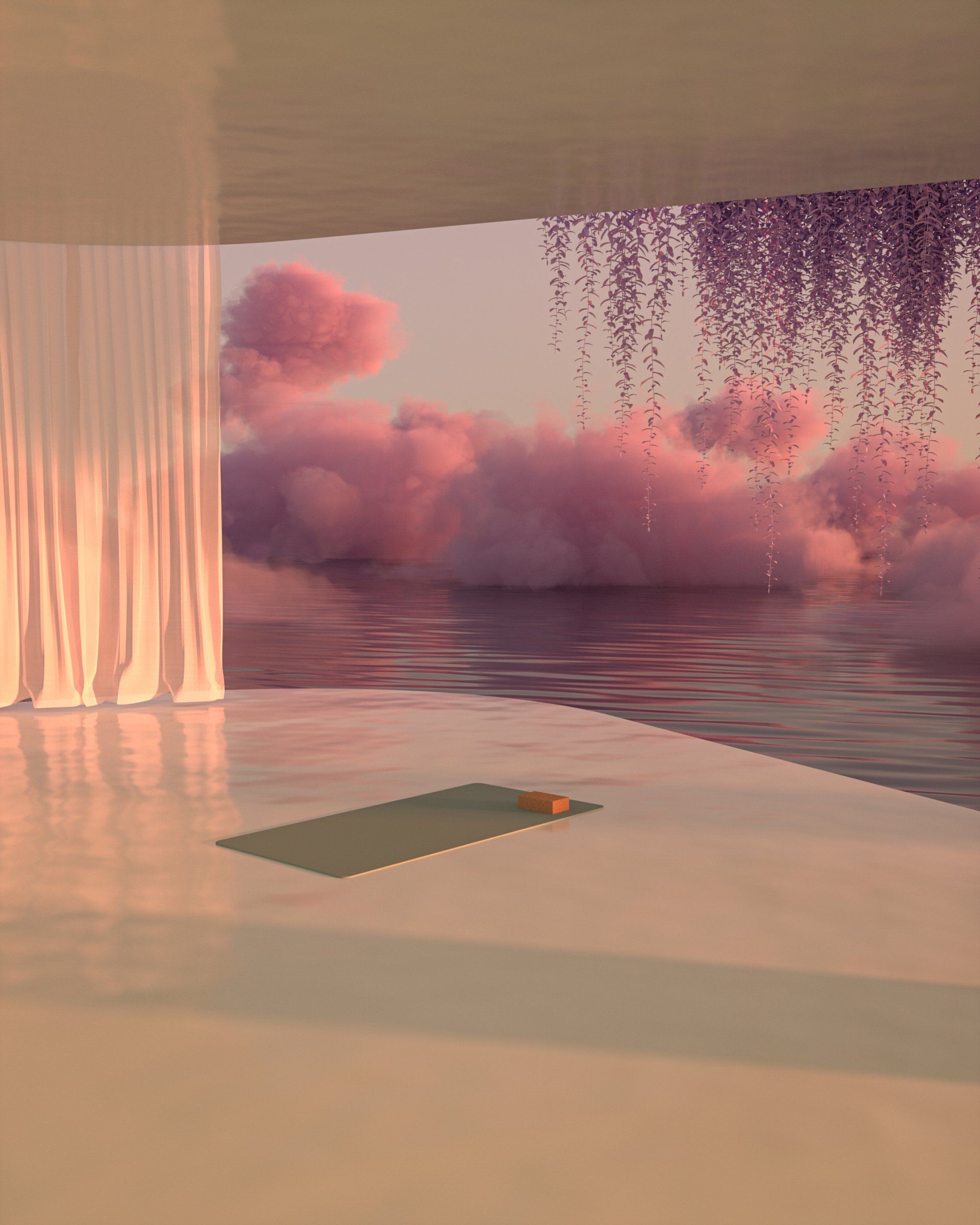 a room with a yoga mat on the floor and a view of the ocean .
