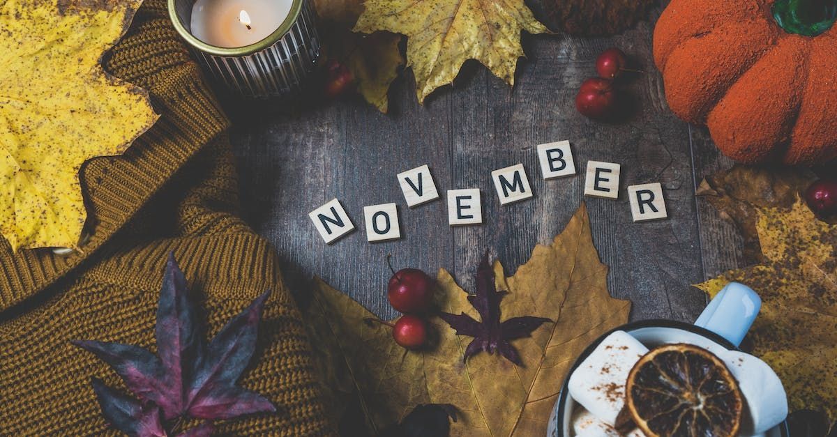 the word november is written in scrabble letters on a table with leaves and a cup of coffee .