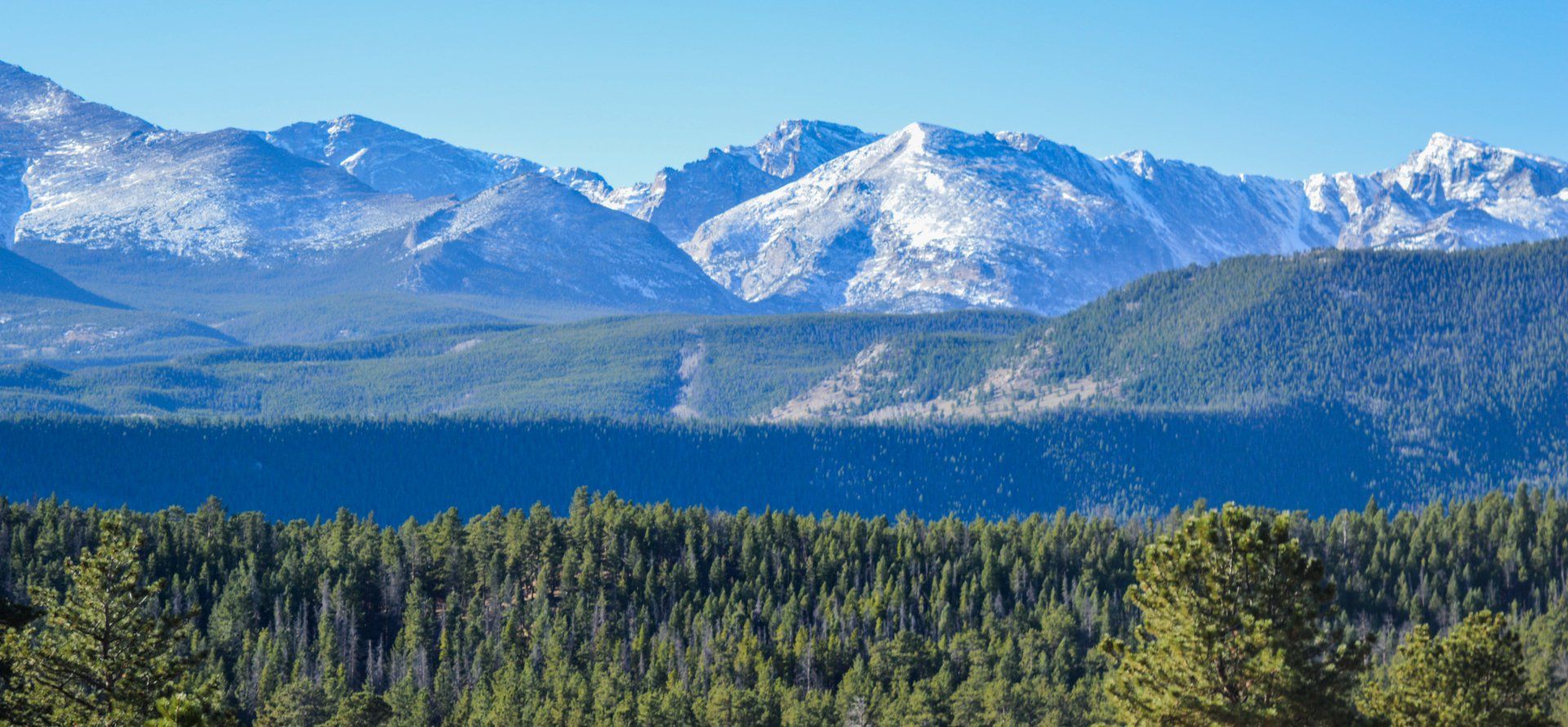 A mountain range with snow on the peaks and a forest in the foreground.